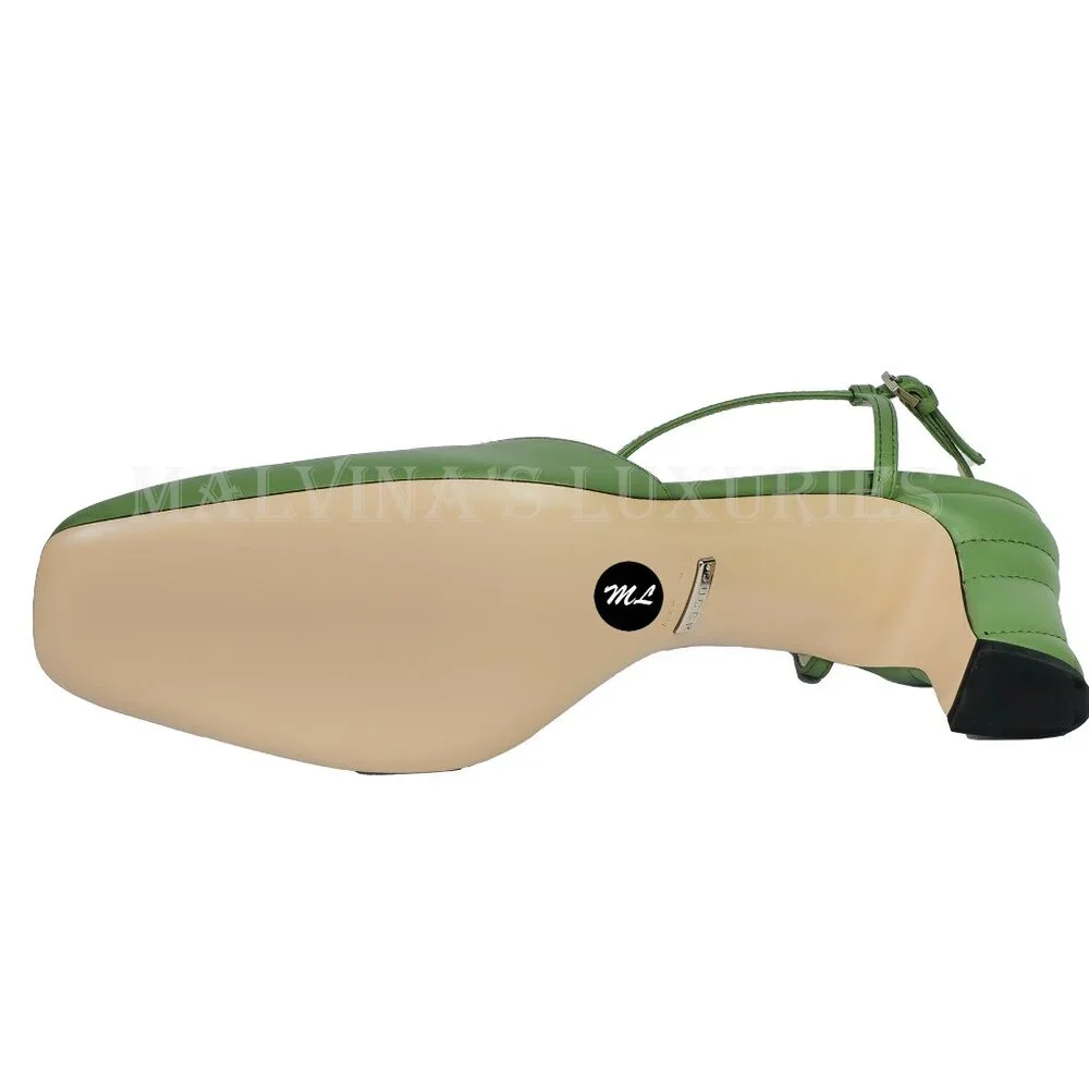 GUCCI SHOES T-STRAP GREEN LEATHER DOUBLE G LOGO SLINGBACK PUMPS 40 10 - Picture 14 of 16